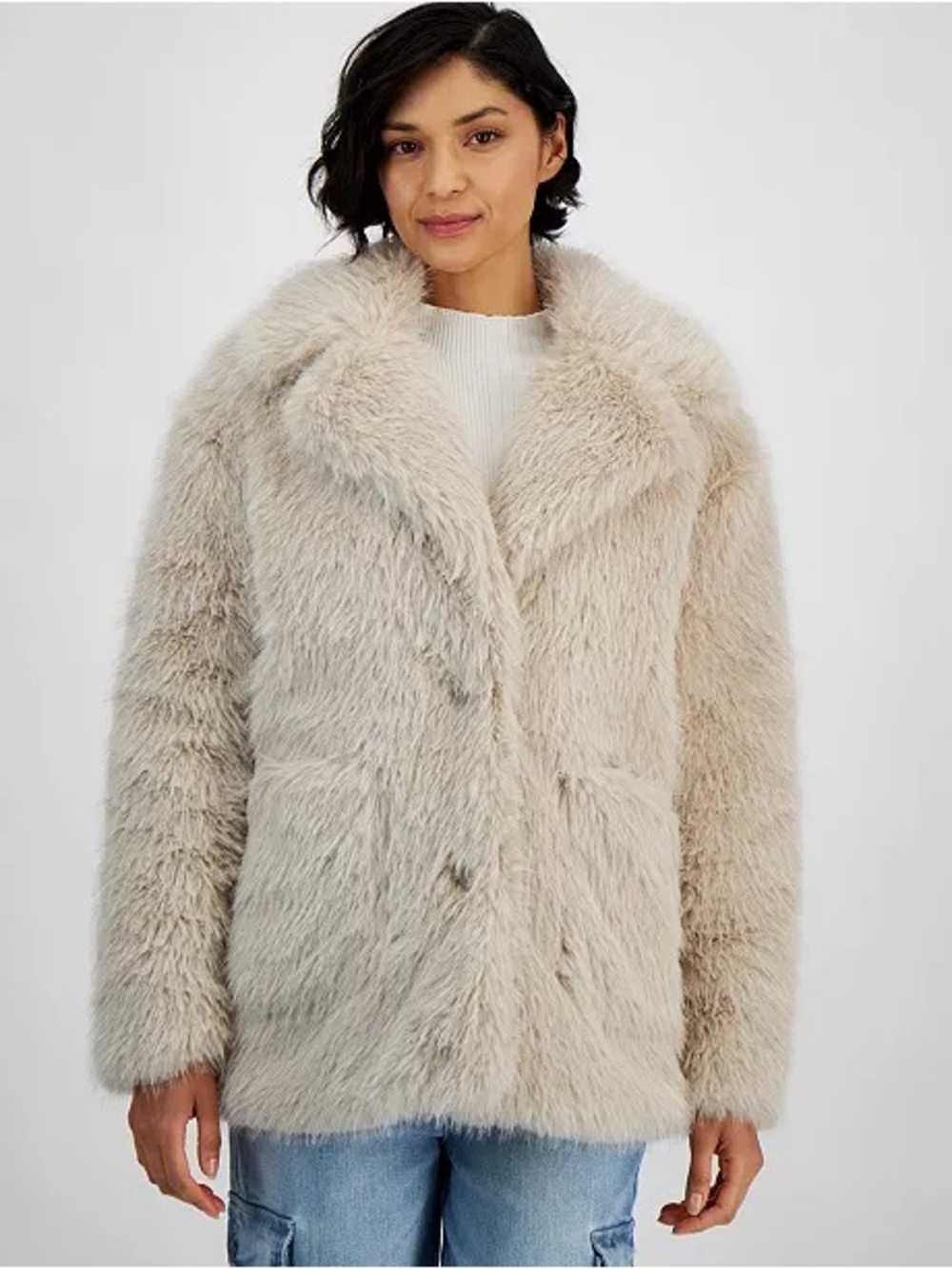 Cream Shaggy Faux-Fur Jacket Coat And Now This (Macy’s Exclusive), Med, NWT
